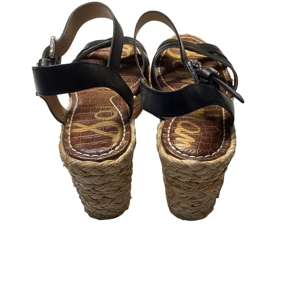 Sam Edelman Womens Sandal Size 9.5 Black Leather Espadrille Wedge Platform